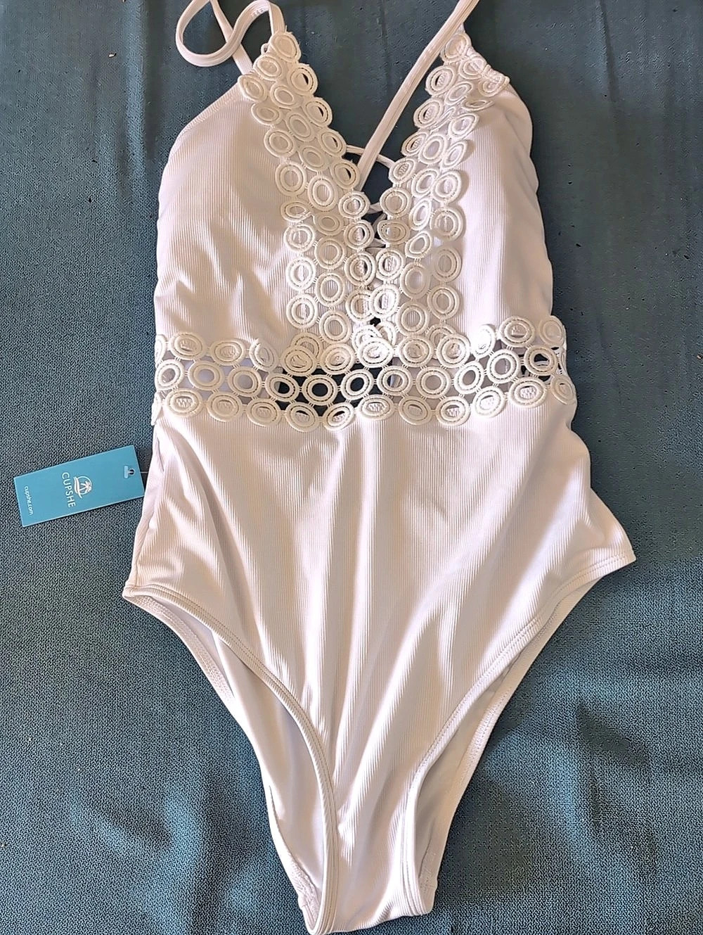 CUPSHE White Rib Cutout Lace-Up One Piece Swimsuit, Small, NWT